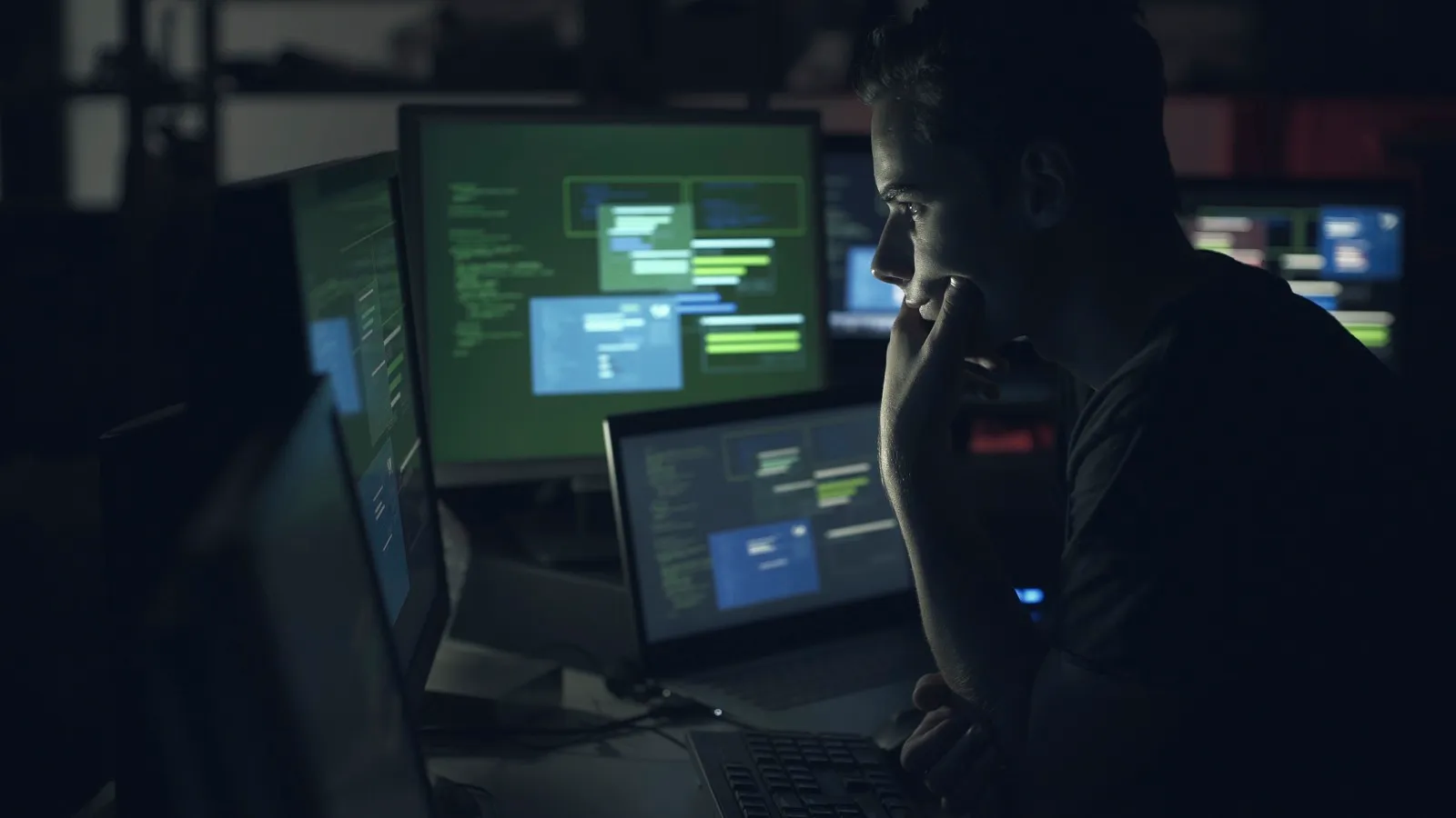 Desarrollador trabajando de noche frente a pantallas con código azul